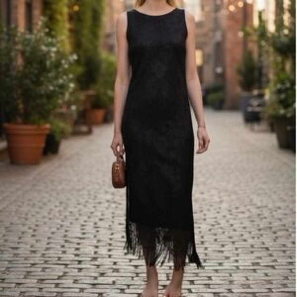 Harlow Black Fringe Midi Dress Size 10